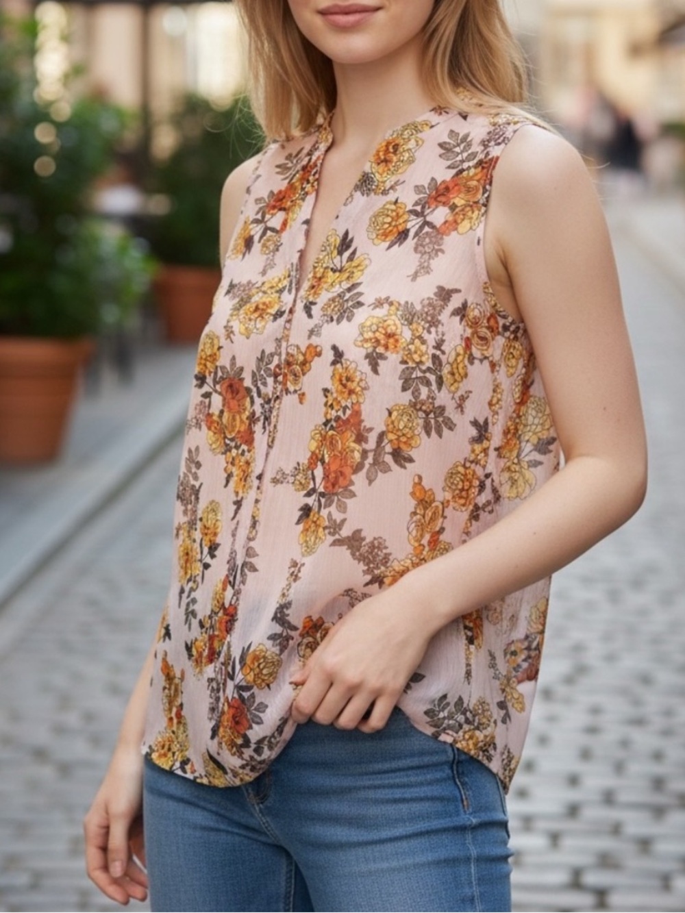 Target Floral Sleeveless V-Neck Top in Blush Pink with Yellow & Orange Flowers